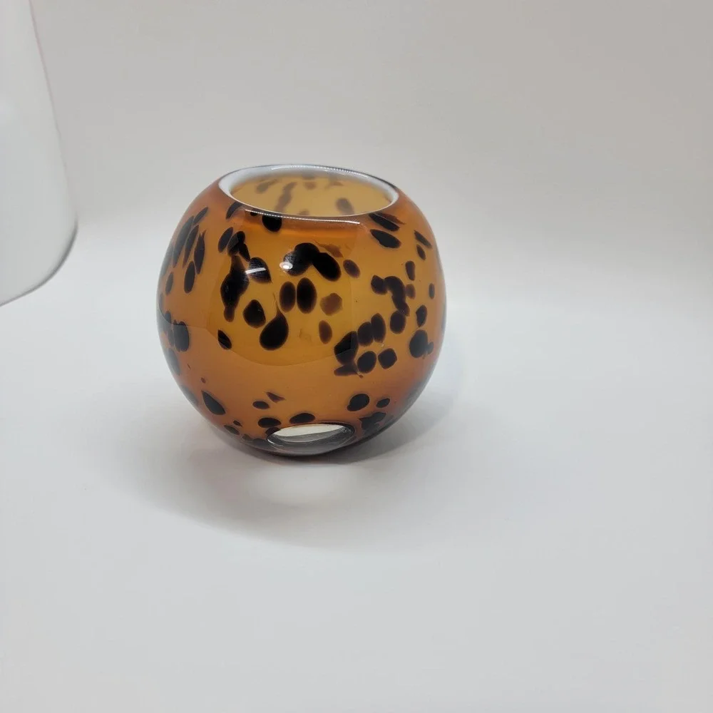 Vintage Art Glass Murano Style Leopard Print Amber Sphere Bowl Vase Tea Light